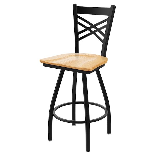 36" Swivel Bar Stool, Black Wrinkle, Nat Oak Seat